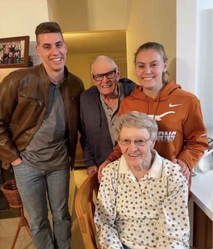 Alison Gibson stands with her brother Grant and grandparents Roy and Ethel Rose Mazzer

